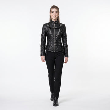 Woman wearing black leather punk corset jacket with harness straps, chain detail, high collar, and gothic fit - Rizwards Leather