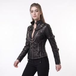 Woman wearing black leather punk corset jacket with harness straps, chain detail, high collar, and gothic fit - Rizwards Leather