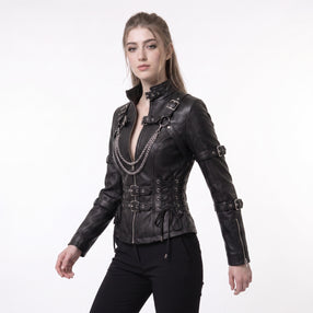Leather Collar Punk Jacket | Battle-Worn Aging Leather | Durable Repairable Natural-Material Goods | Black Leather Jacket with Corset Belt | Steampunk Goth Clothes | LARP Renaissance Corset