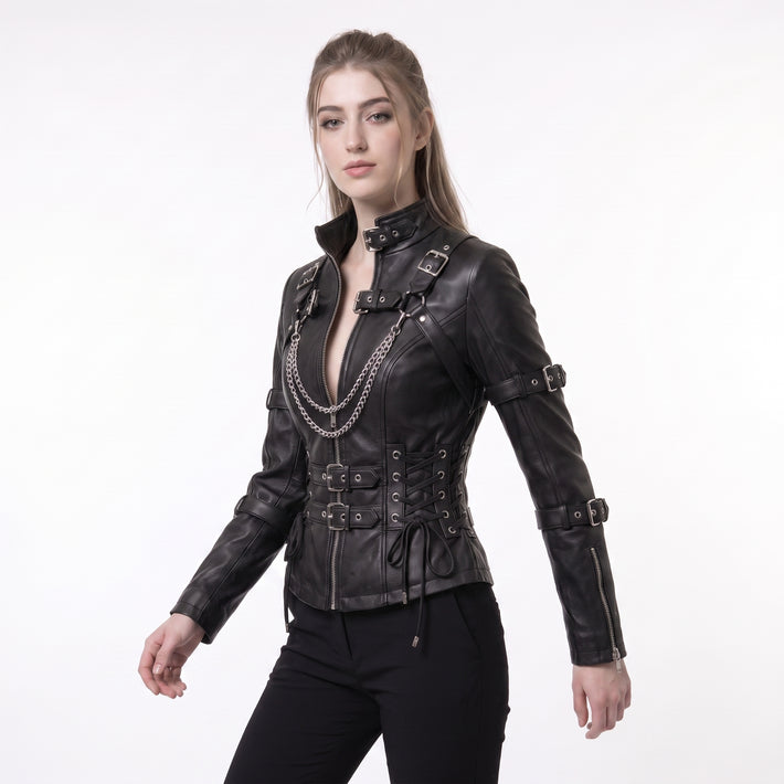Woman wearing black leather punk corset jacket with harness straps, chain detail, high collar, and gothic fit - Rizwards Leather
