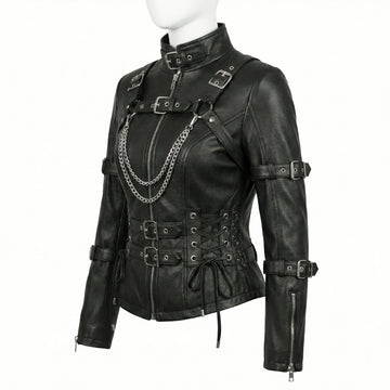 Woman wearing black leather punk corset jacket with harness straps, chain detail, high collar, and gothic fit - Rizwards Leather