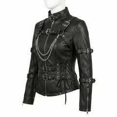 Angled product view of black leather punk corset jacket with lace-up sides, chains, buckles, and zipper cuffs - Rizwards Leather