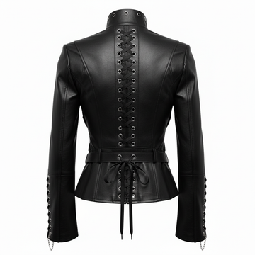 Black leather Collar battle jacket with leather corset belt, fitted gothic silhouette, high neck collar, sleeve lacing, and steampunk goth clothes styling - Rizwards Leather