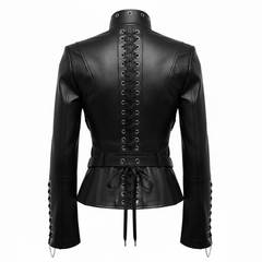 Product back view of durable repairable black leather custom jacket with back corset lacing, high collar, and gothic battle-worn design - Rizwards Leather