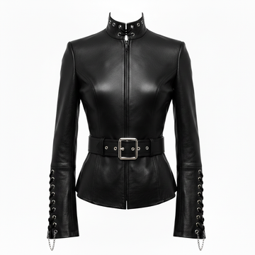 Black leather Collar battle jacket with leather corset belt, fitted gothic silhouette, high neck collar, sleeve lacing, and steampunk goth clothes styling - Rizwards Leather
