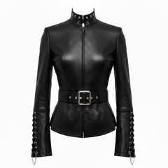 Front product view of black leather Collar punk jacket with corset belt, silver buckle, zipper closure, and steampunk goth clothes styling - Rizwards Leather