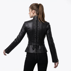 Back view of black leather battle jacket with lace-up corset back, high leather Collar, fitted waist, and LARP renaissance corset inspiration - Rizwards Leather