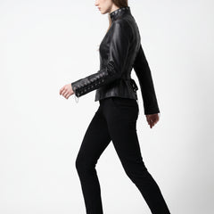 Side view of leather Collar battle jacket with aging leather finish, corset belt waist, lace-up sleeve cuffs, and cyberpunk steampunk style - Rizwards Leather