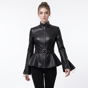 Black leather Collar battle jacket with leather corset belt, fitted gothic silhouette, high neck collar, sleeve lacing, and steampunk goth clothes styling - Rizwards Leather
