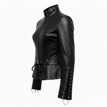 Black leather Collar battle jacket with leather corset belt, fitted gothic silhouette, high neck collar, sleeve lacing, and steampunk goth clothes styling - Rizwards Leather