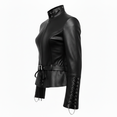 Side product view of leather Collar battle jacket with fitted waist, leather corset belt, sleeve lace-up detail, and Halloween gothic jacket design - Rizwards Leather