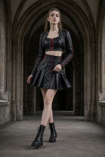 Gothic leather crop top skirt set for women with punk bolero jacket, red lace-up corset top, chain mini skirt, and black combat boots - Rizwards Leather