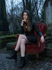 Women’s Durable, Repairable Black Leather Corset Mini Dress | Battle-Worn Aging Leather Hooded Gothic Dress fall style gift | Red Lace-Up Whimsigoth Fantasy Renaissance Dress