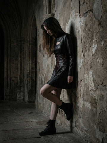 Women’s Durable, Repairable Black Leather Corset Mini Dress | Battle-Worn Aging Leather Hooded Gothic Dress fall style gift | Red Lace-Up Whimsigoth Fantasy Renaissance Dress