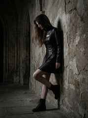 Women’s Durable, Repairable Black Leather Corset Mini Dress | Battle-Worn Aging Leather Hooded Gothic Dress fall style gift | Red Lace-Up Whimsigoth Fantasy Renaissance Dress