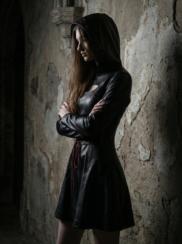 Women’s Durable, Repairable Black Leather Corset Mini Dress | Battle-Worn Aging Leather Hooded Gothic Dress fall style gift | Red Lace-Up Whimsigoth Fantasy Renaissance Dress