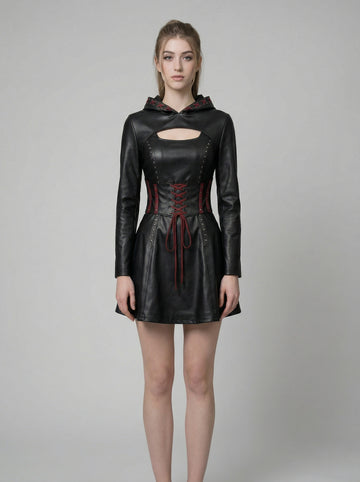 Women’s Durable, Repairable Black Leather Corset Mini Dress | Battle-Worn Aging Leather Hooded Gothic Dress fall style gift | Red Lace-Up Whimsigoth Fantasy Renaissance Dress