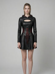 Women’s Durable, Repairable Black Leather Corset Mini Dress | Battle-Worn Aging Leather Hooded Gothic Dress fall style gift | Red Lace-Up Whimsigoth Fantasy Renaissance Dress