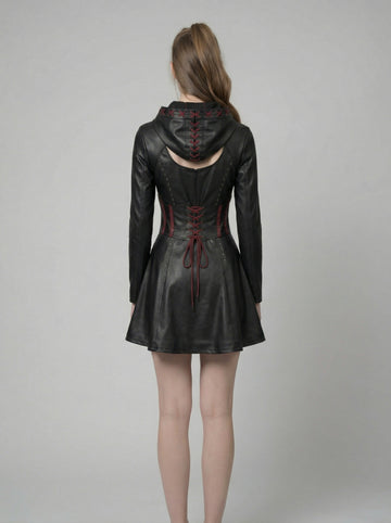 Women’s Durable, Repairable Black Leather Corset Mini Dress | Battle-Worn Aging Leather Hooded Gothic Dress fall style gift | Red Lace-Up Whimsigoth Fantasy Renaissance Dress