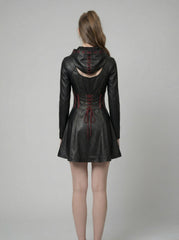 Women’s Durable, Repairable Black Leather Corset Mini Dress | Battle-Worn Aging Leather Hooded Gothic Dress fall style gift | Red Lace-Up Whimsigoth Fantasy Renaissance Dress