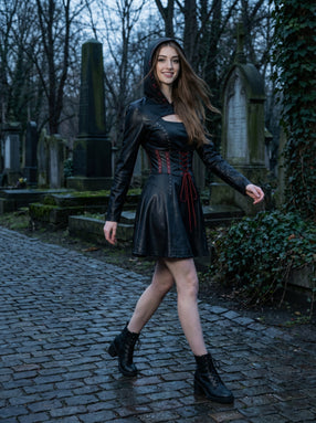 Women’s Durable, Repairable Black Leather Corset Mini Dress | Battle-Worn Aging Leather Hooded Gothic Dress fall style gift | Red Lace-Up Whimsigoth Fantasy Renaissance Dress