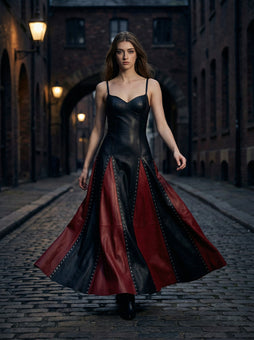 black and red leather maxi dress worn outdoors with flowing skirt and studded panel detailing