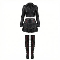 Luxury black leather two piece set with studded layered skirt and chain details