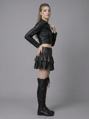 High waist gothic leather mini skirt with layered structure