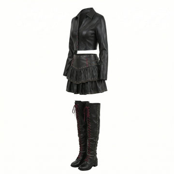 woman wearing black gothic leather skirt set with cropped top jacket and studded mini skirt