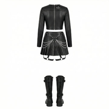 black leather two piece skirt set gothic outfit