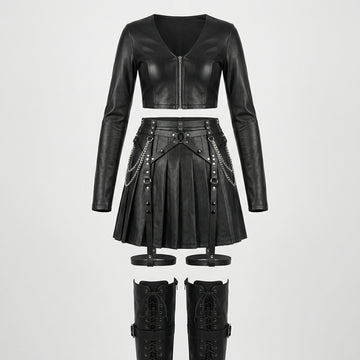 black leather two piece skirt set gothic outfit