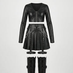 leather crop top and pleated mini skirt set