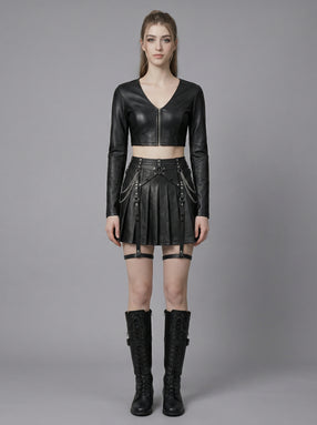 black leather two piece skirt set gothic outfit