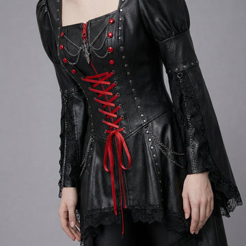 Gothic black leather corset dress with red lace-up front, sheer sleeves, and high-low skirt - Rizwards Leather