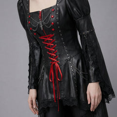 Close-up of gothic punk corset dress with red front lacing, black leather bodice, and flared sleeves - Rizwards Leather