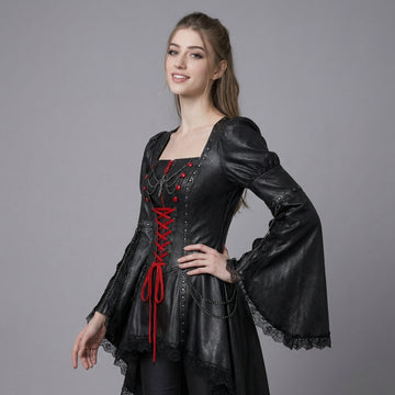 Gothic black leather corset dress with red lace-up front, sheer sleeves, and high-low skirt - Rizwards Leather