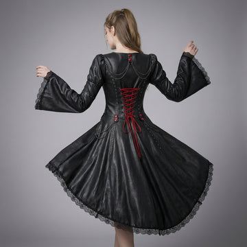 Gothic black leather corset dress with red lace-up front, sheer sleeves, and high-low skirt - Rizwards Leather