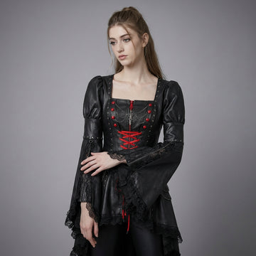 Gothic black leather corset dress with red lace-up front, sheer sleeves, and high-low skirt - Rizwards Leather