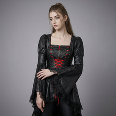 Gothic punk leather corset dress set with red lace-up bodice, sheer bell sleeves, and dramatic black skirt - Rizwards Leather
