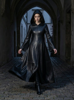 Leather Dress | Hooded Gothic Long Dress | Women's Goth Dress | Long Leather Dress | Black Gothic Dress | Witch Dress | Gothic Clothing
