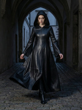 Leather Dress | Hooded Gothic Long Dress | Women's Goth Dress | Long Leather Dress | Black Gothic Dress | Witch Dress | Gothic Clothing