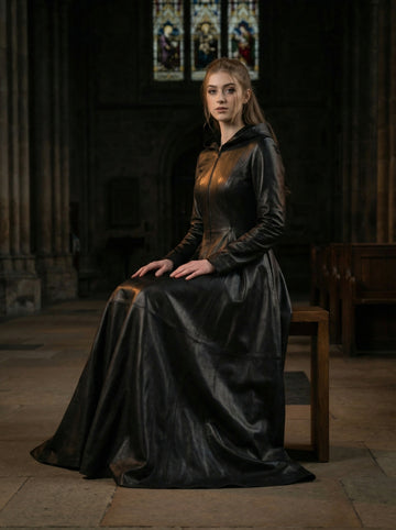 Leather Dress | Hooded Gothic Long Dress | Women's Goth Dress | Long Leather Dress | Black Gothic Dress | Witch Dress | Gothic Clothing