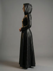 Leather Dress | Hooded Gothic Long Dress | Women's Goth Dress | Long Leather Dress | Black Gothic Dress | Witch Dress | Gothic Clothing