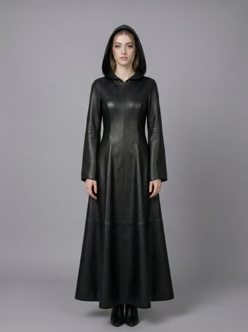 Leather Dress | Hooded Gothic Long Dress | Women's Goth Dress | Long Leather Dress | Black Gothic Dress | Witch Dress | Gothic Clothing