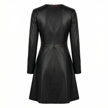 Handmade Women's Black Leather Mini Dress | Gothic Leather Corset Dress | Long Sleeve Fit & Flare Dress | Goth Clothing | Punk Rock Fashion