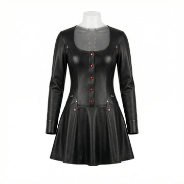 Handmade Women's Black Leather Mini Dress | Gothic Leather Corset Dress | Long Sleeve Fit & Flare Dress | Goth Clothing | Punk Rock Fashion