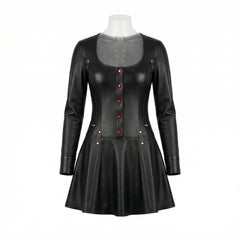Handmade Women's Black Leather Mini Dress | Gothic Leather Corset Dress | Long Sleeve Fit & Flare Dress | Goth Clothing | Punk Rock Fashion