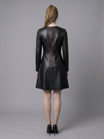 Handmade Women's Black Leather Mini Dress | Gothic Leather Corset Dress | Long Sleeve Fit & Flare Dress | Goth Clothing | Punk Rock Fashion