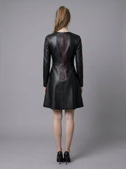 Handmade Women's Black Leather Mini Dress | Gothic Leather Corset Dress | Long Sleeve Fit & Flare Dress | Goth Clothing | Punk Rock Fashion