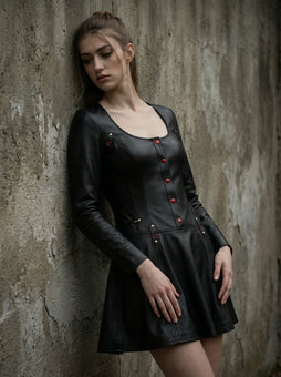 Handmade Women's Black Leather Mini Dress | Gothic Leather Corset Dress | Long Sleeve Fit & Flare Dress | Goth Clothing | Punk Rock Fashion